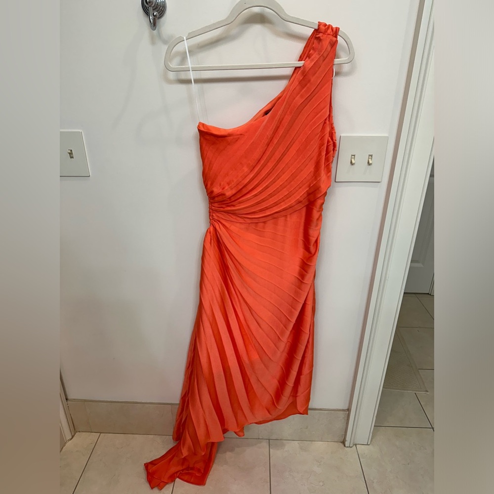 Designer-inspired tangerine one shoulder pleated cut out dress, L
